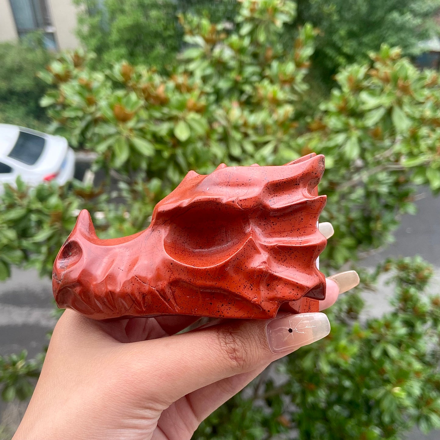 Hand Carved Red Jasper Dragon Head Crystal Gemstone Animal Statue