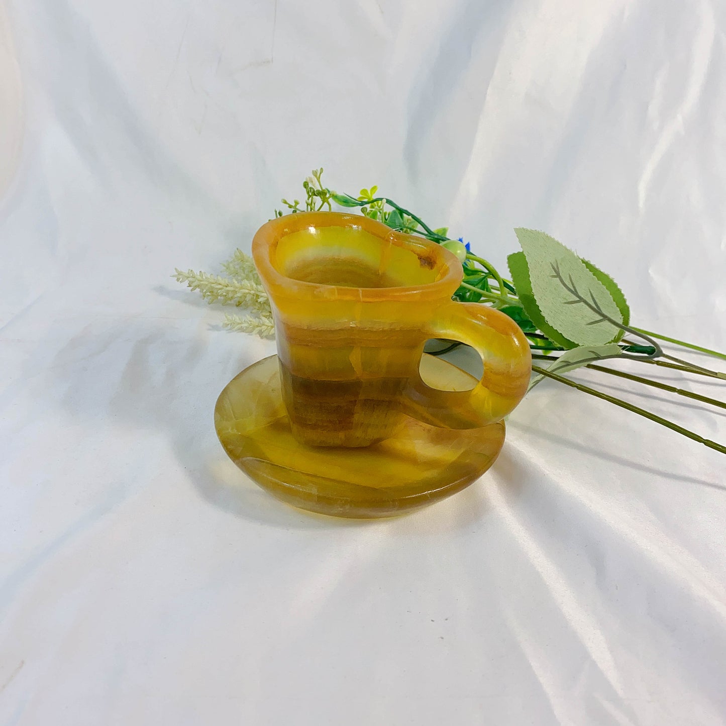 Yellow Fluorite Hand Carved Heart Shape Mug With A Cup Mat