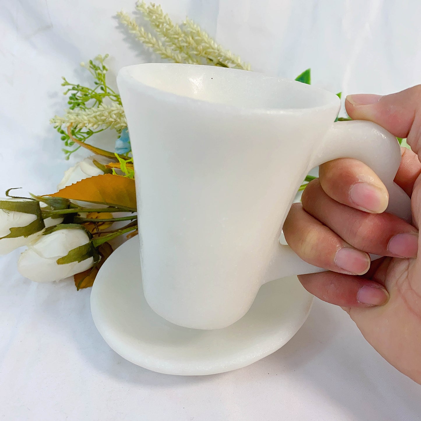 White Marble Jade Hand Carved Coffee Mug With A Cup Mat