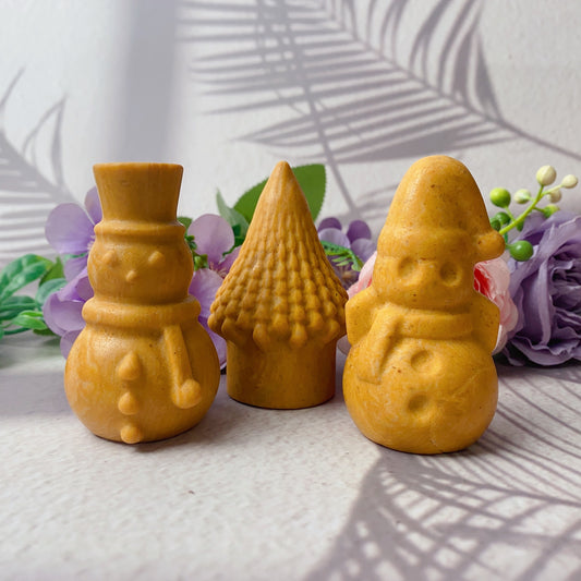 Yellow jade hand carved snowman and pine tree