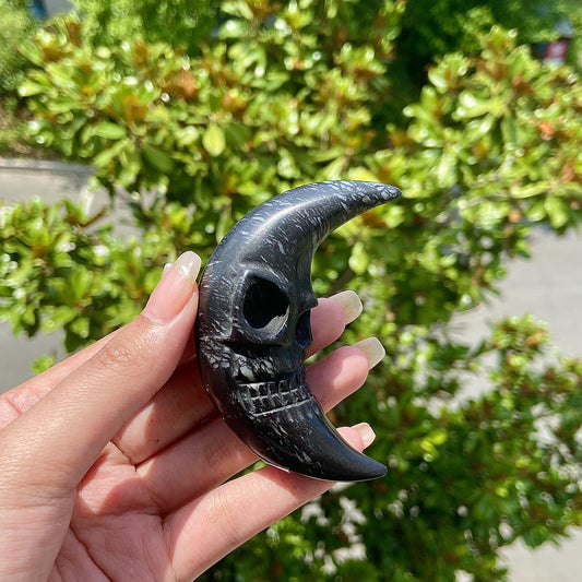 Black Net Stone Moon Face Reiki Healing Stone Vertical Moon Skull Face Statue