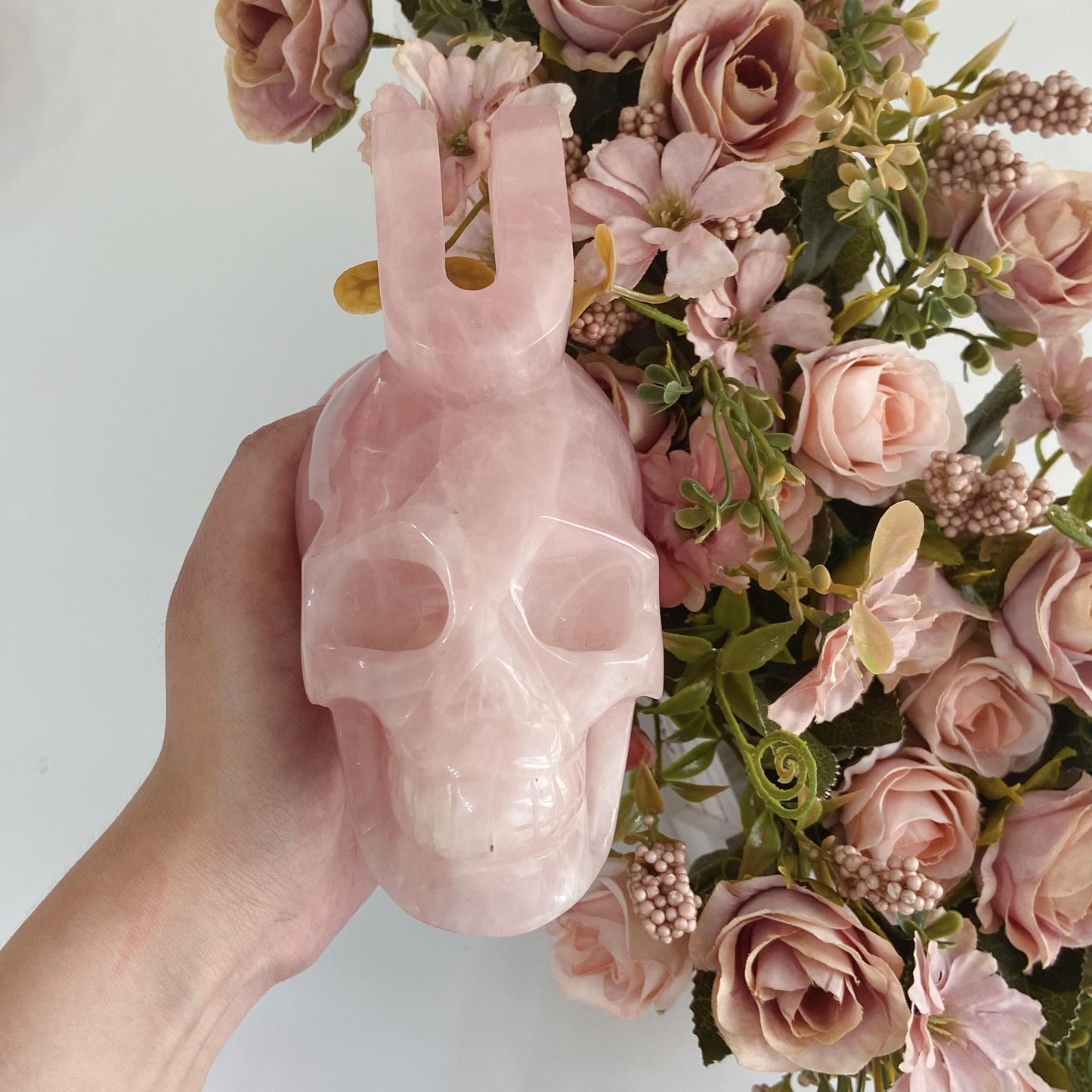 Hand Carved Rose Quartz Skull With Letter 'U' Adult Skull Model Halloween Decoration