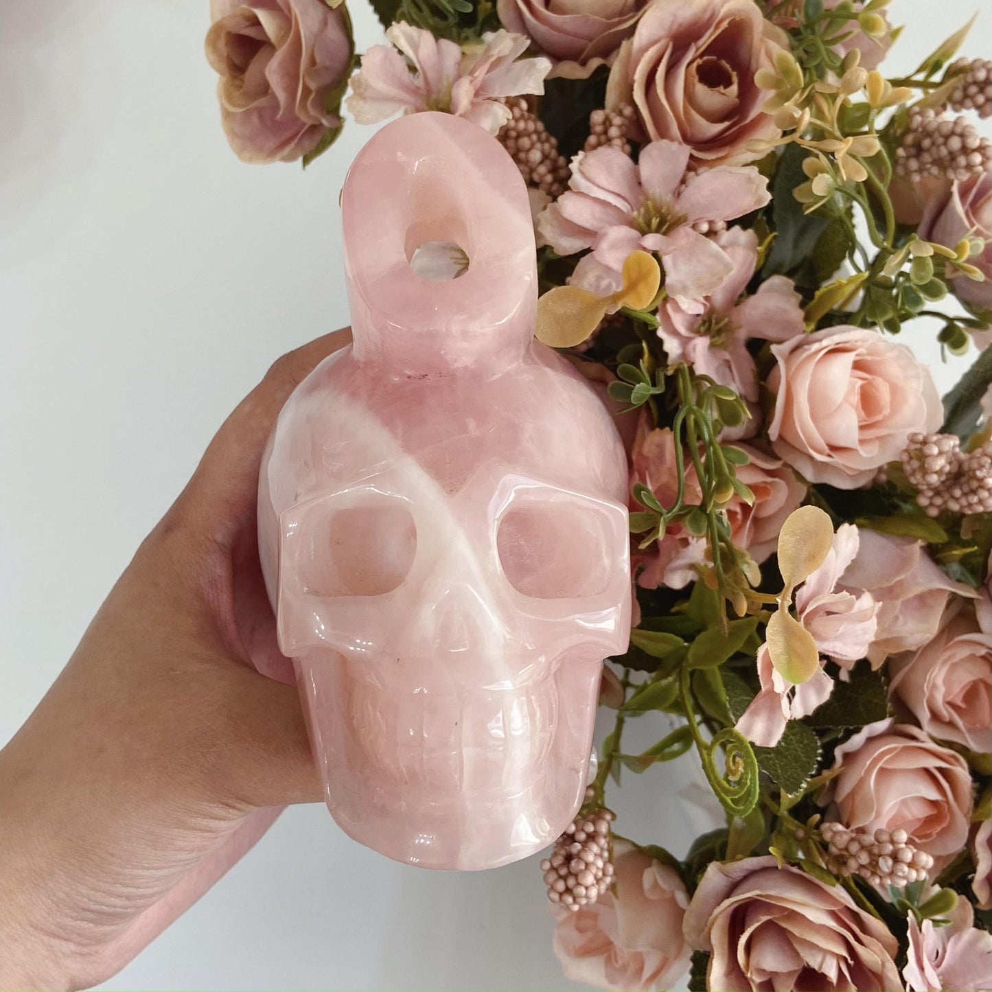 Hand Carved Rose Quartz Skull With Letter 'O' Adult Skull Model Halloween Decoration