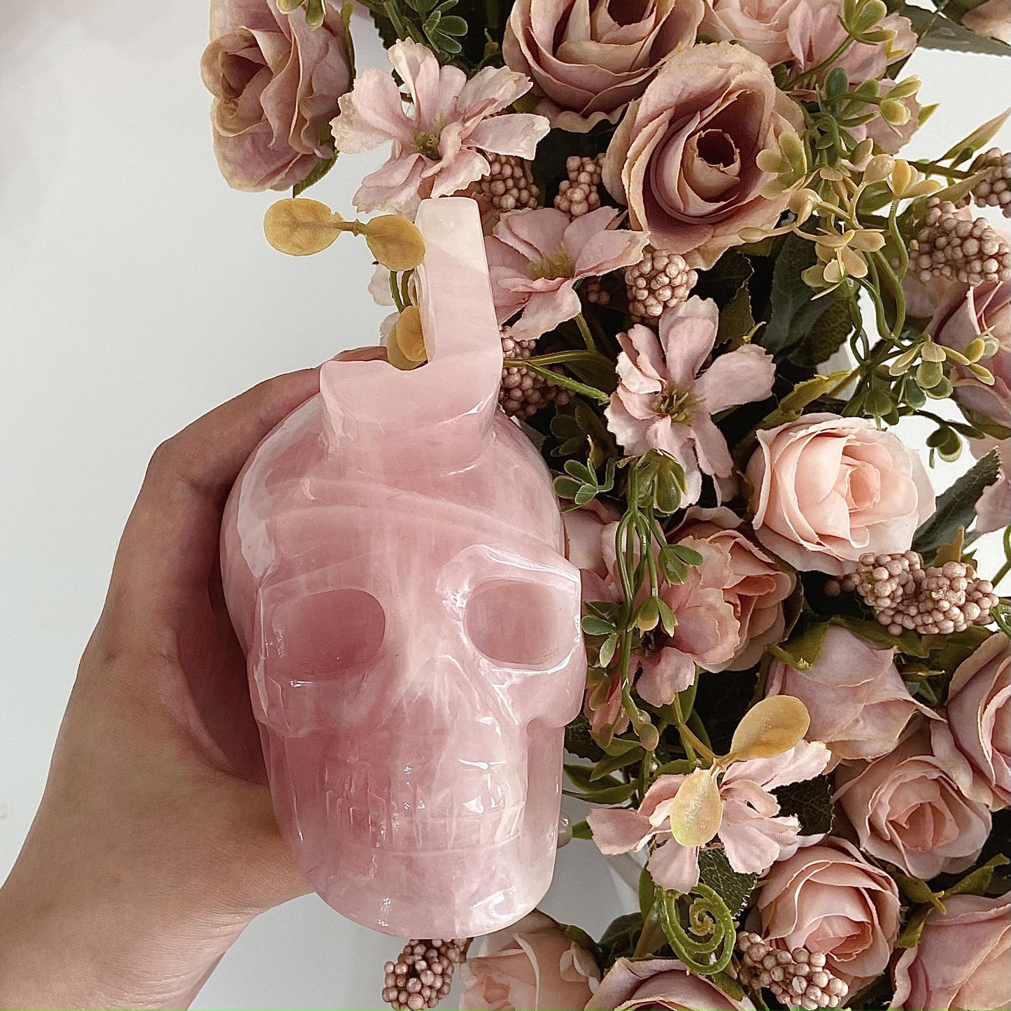 Hand Carved Rose Quartz Skull With Letter 'J' Adult Skull Model Halloween Decoration