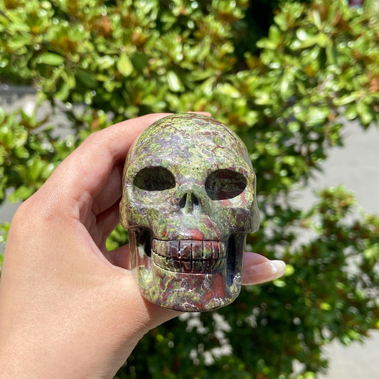 Hand Carved Dragon Blood Stone Adult Skull Model Halloween Decoration