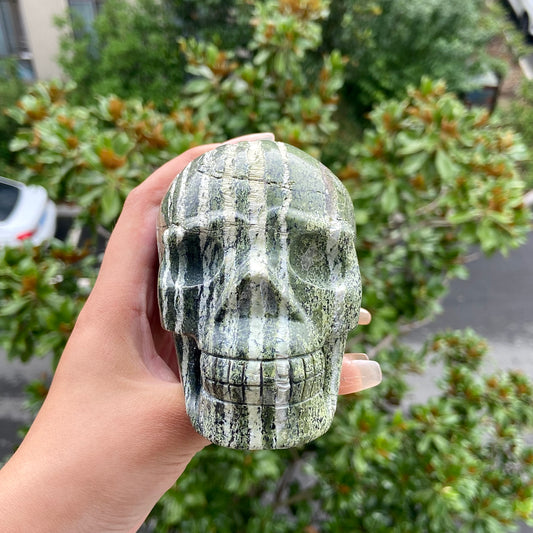 Hand Carved Green Zebra Jasper Skull Sculpture Home Decor