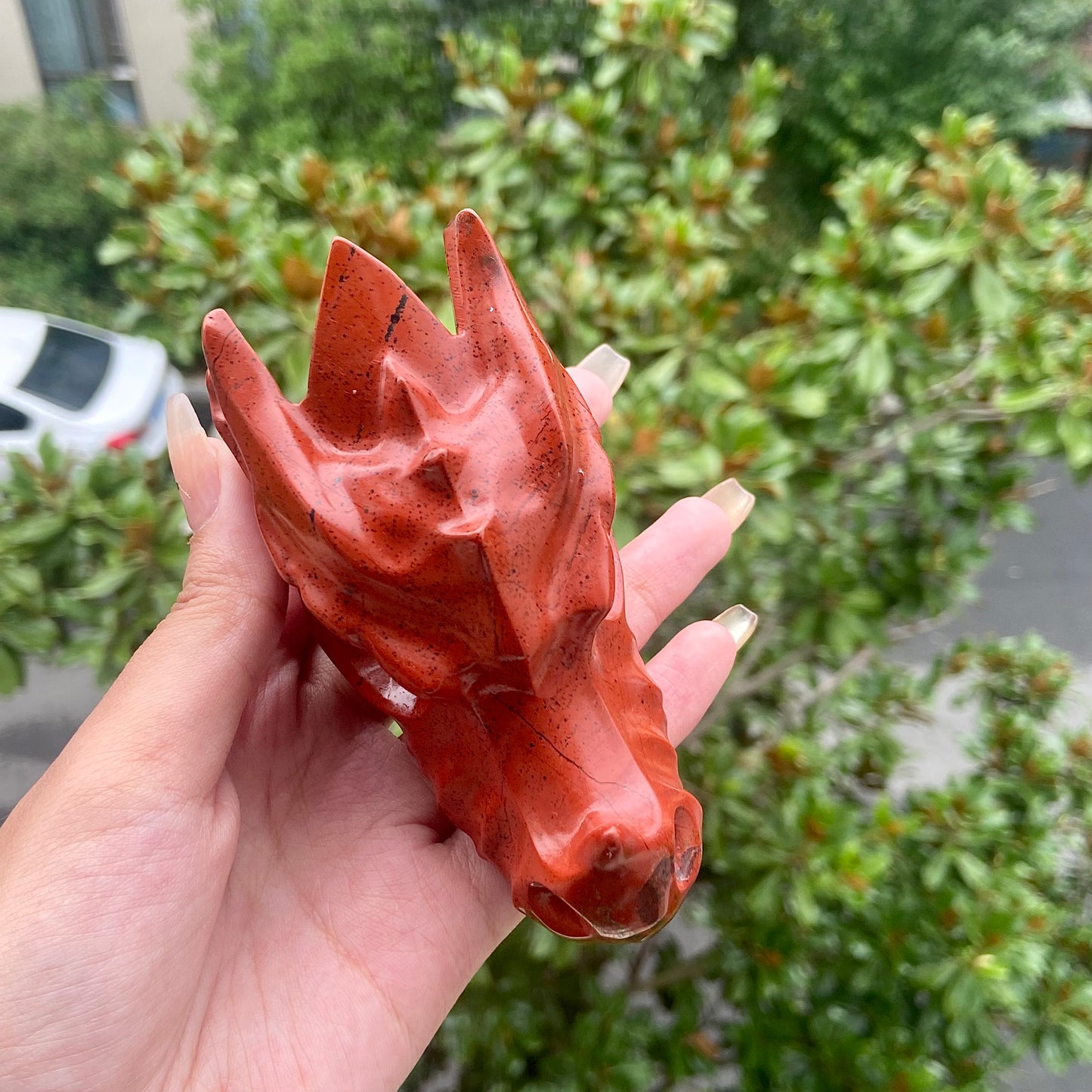 Hand Carved Red Jasper Dragon Head Crystal Gemstone Animal Statue