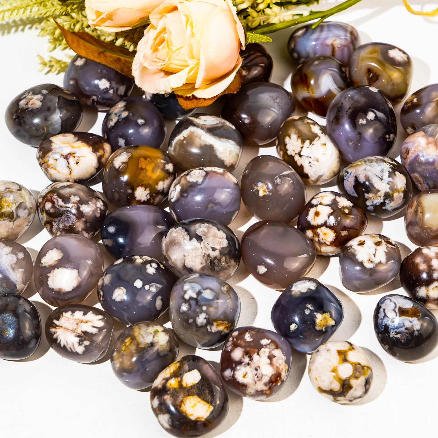 Black Flower Agate Tumble Stones