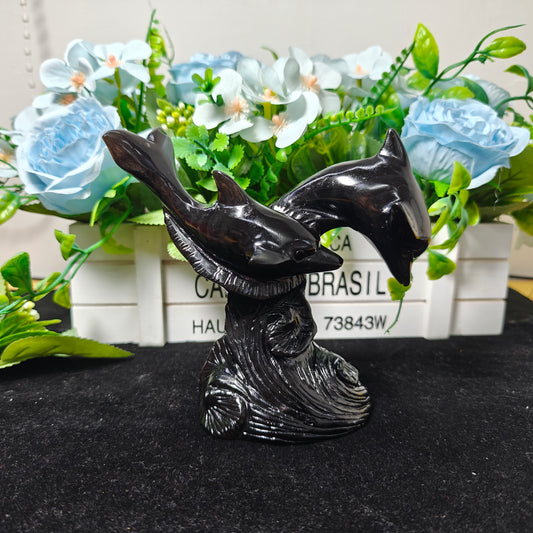 Hand Carved Petal Black Obsidian Dolphin For Decoration And Gift