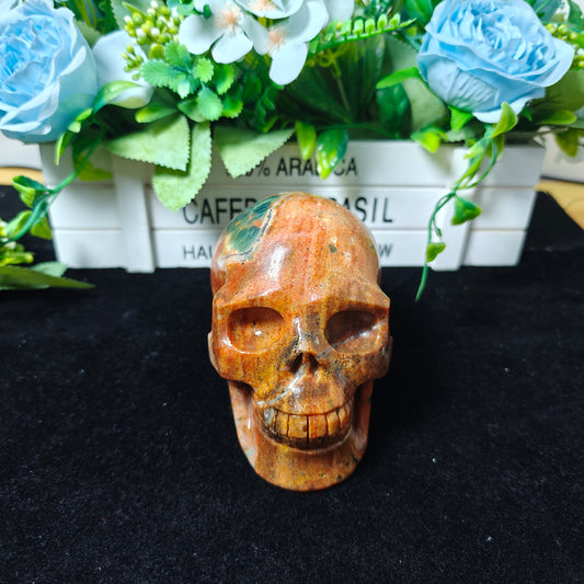 Hand Carved Sunstone With Blue Apatite Skull For Decoration And Gift