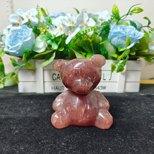 Hand Carved Strawberry Quartz Teddy Bear For Decoration And Gift