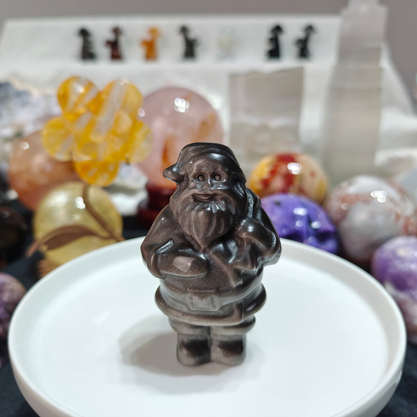 Hand Carved Sliver Obsidian Santa Claus For Decoration And Gift