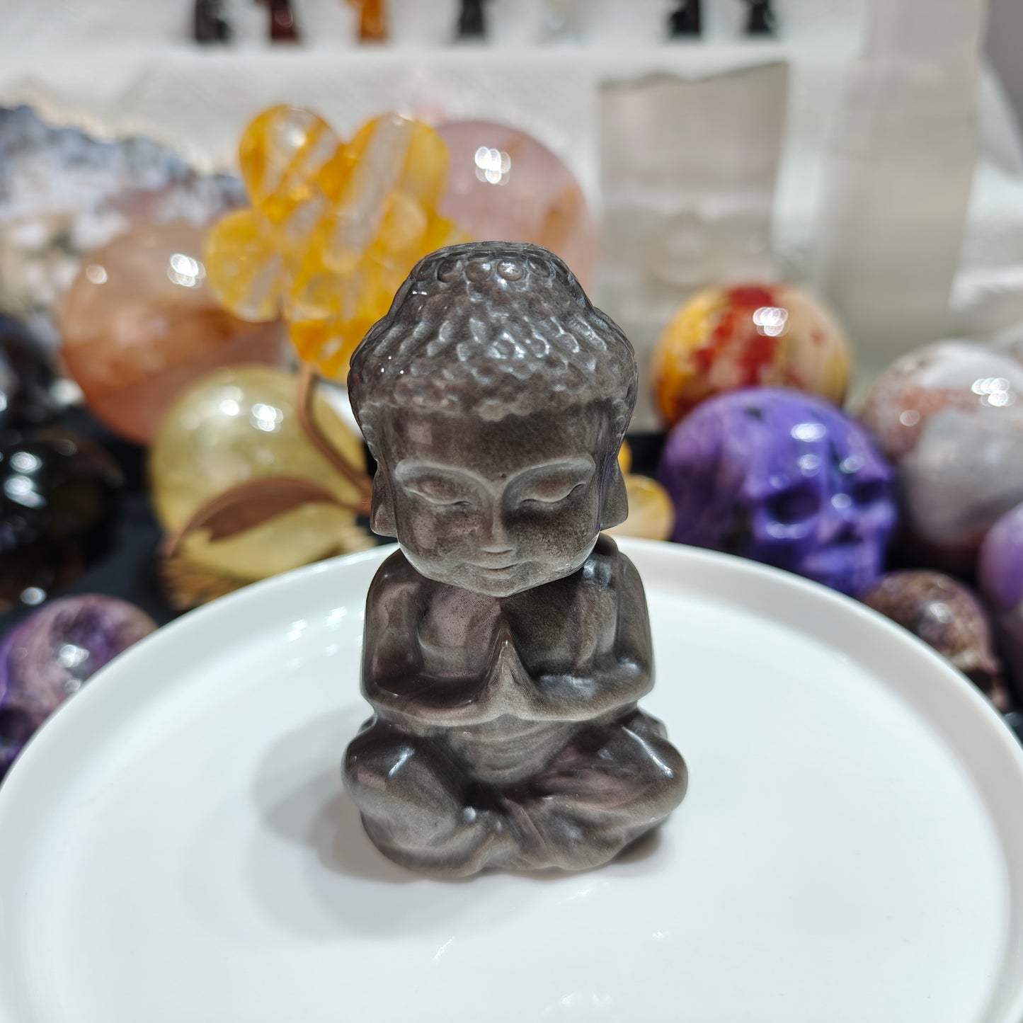 Hand Carved Sliver Obsidian Baby Buddha For Decoration And Gift