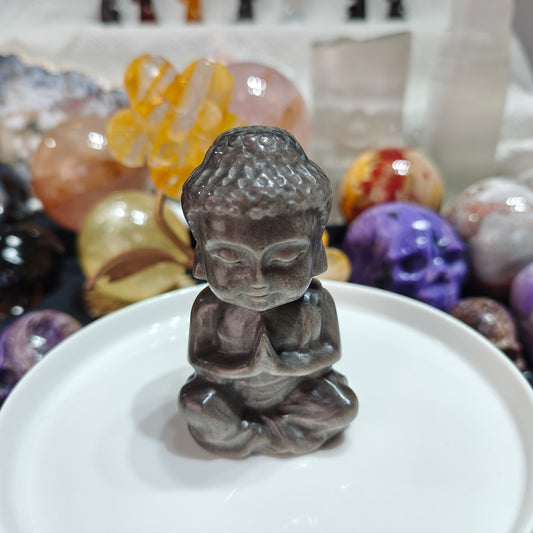 Hand Carved Sliver Obsidian Baby Buddha For Decoration And Gift