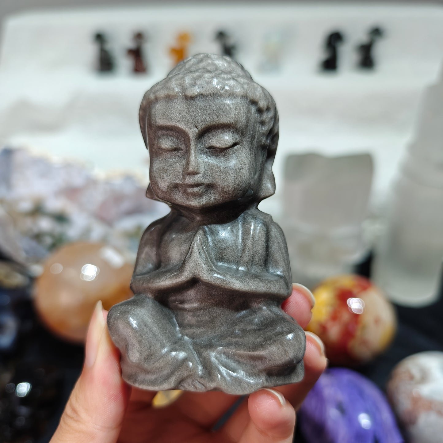 Hand Carved Sliver Obsidian Baby Buddha For Decoration And Gift