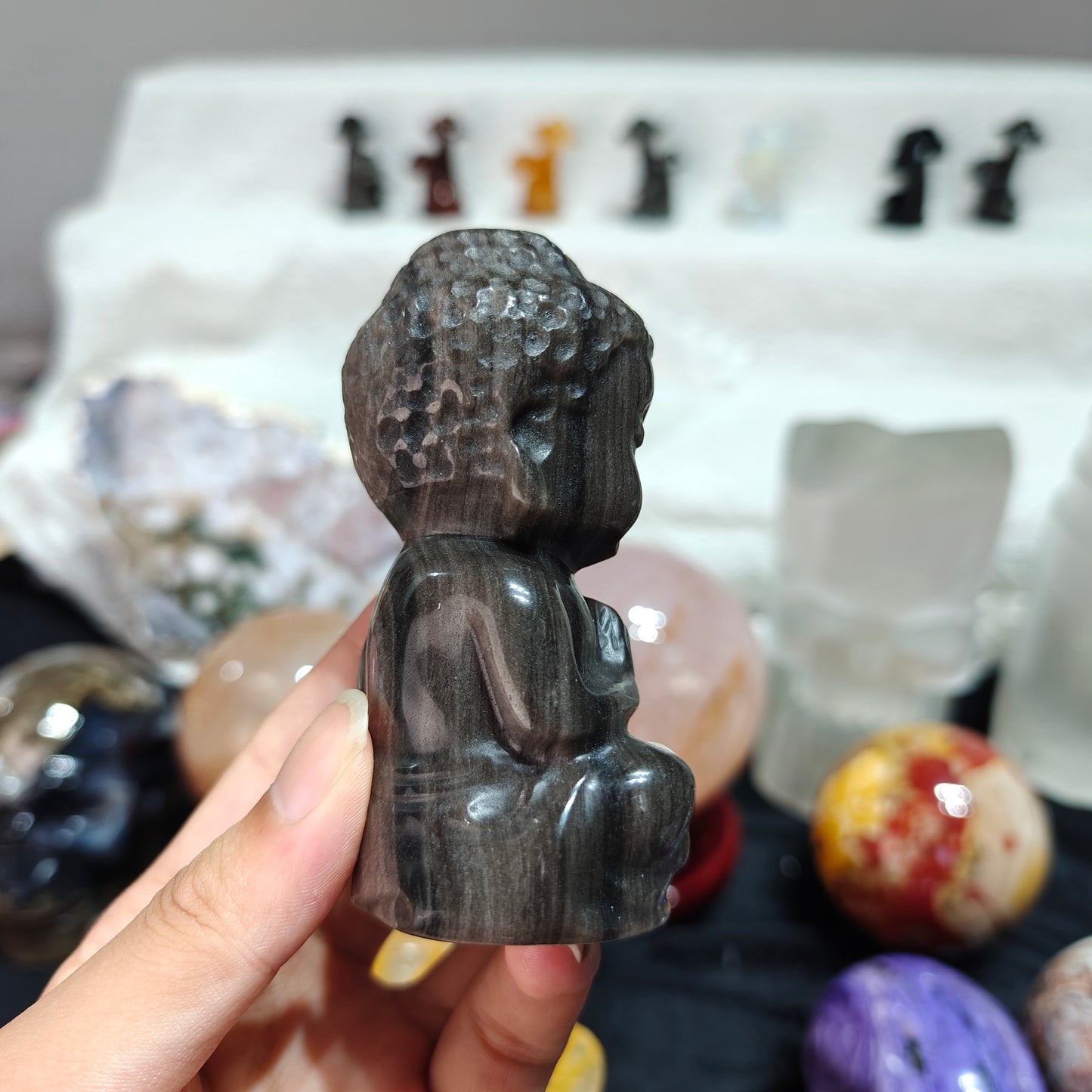 Hand Carved Sliver Obsidian Baby Buddha For Decoration And Gift