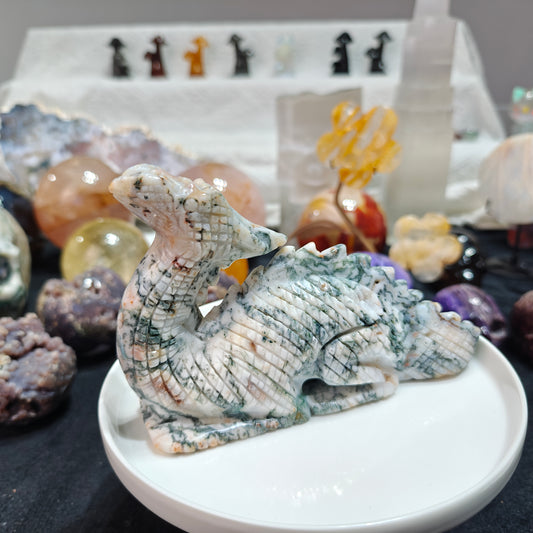 Hand Carved Moss Agate Dragon For Decoration And Gift