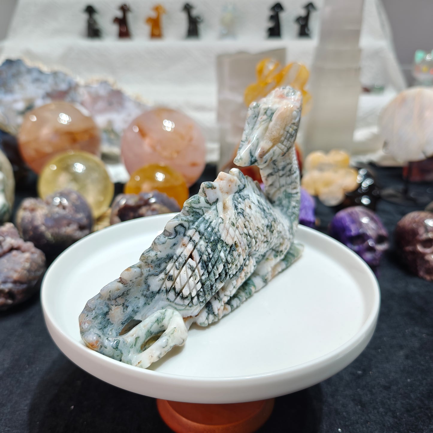 Hand Carved Moss Agate Dragon For Decoration And Gift