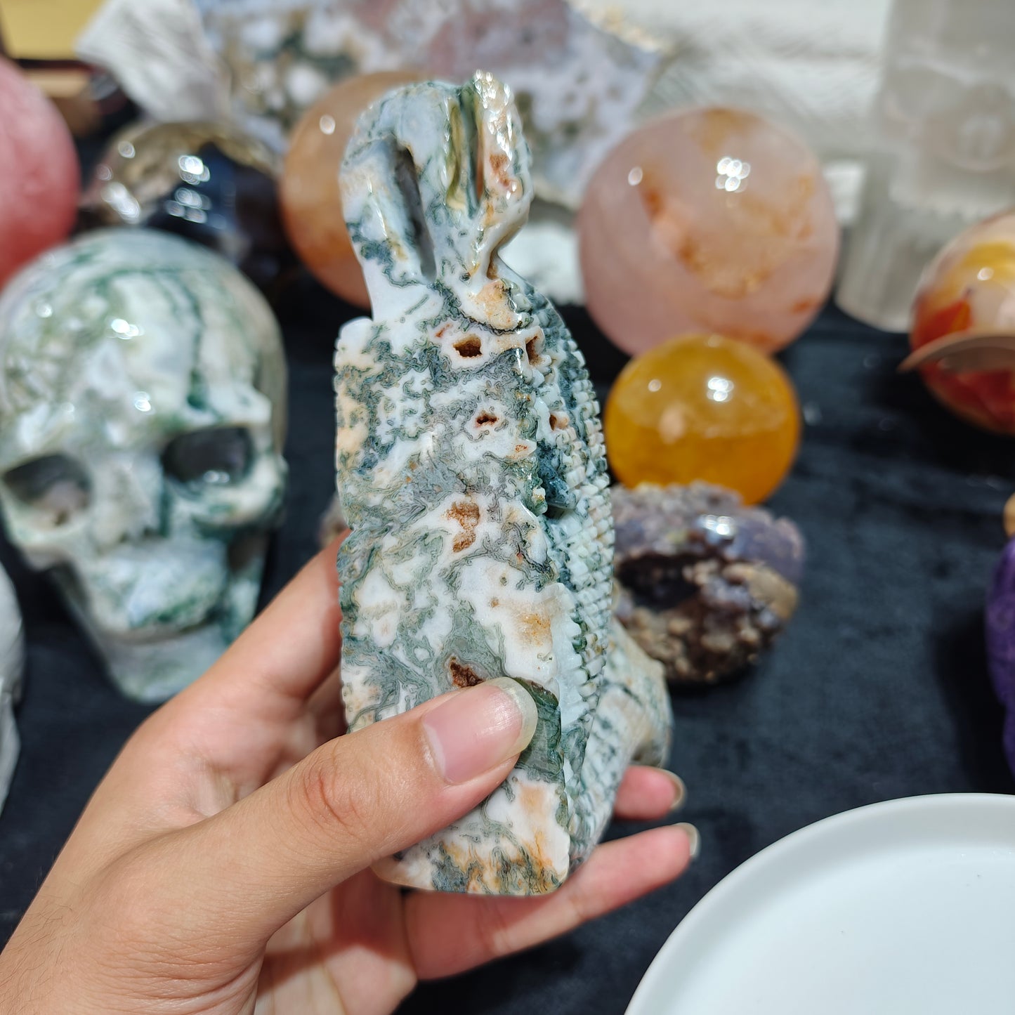 Hand Carved Moss Agate Dragon For Decoration And Gift