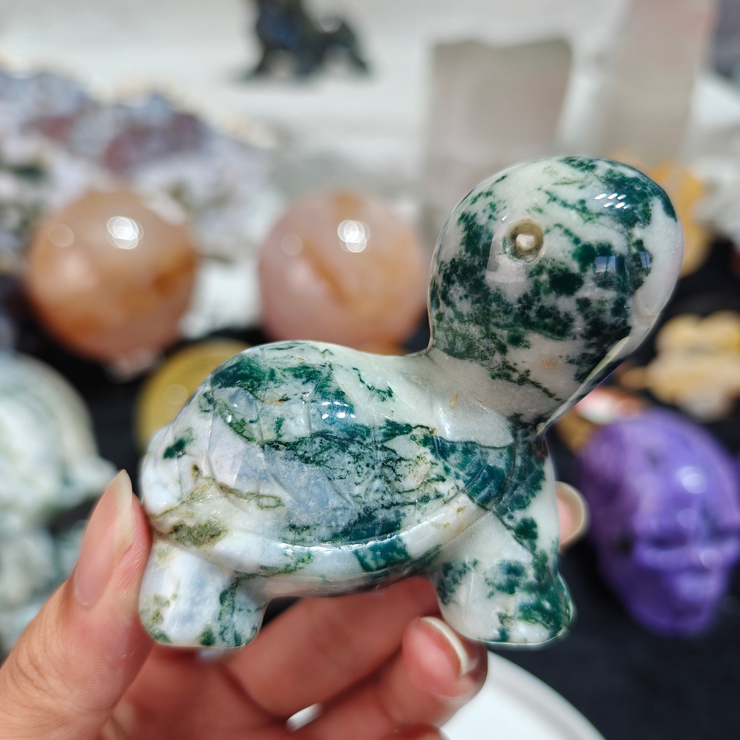 Hand Carved Moss Agate Turtle For Decoration And Gift