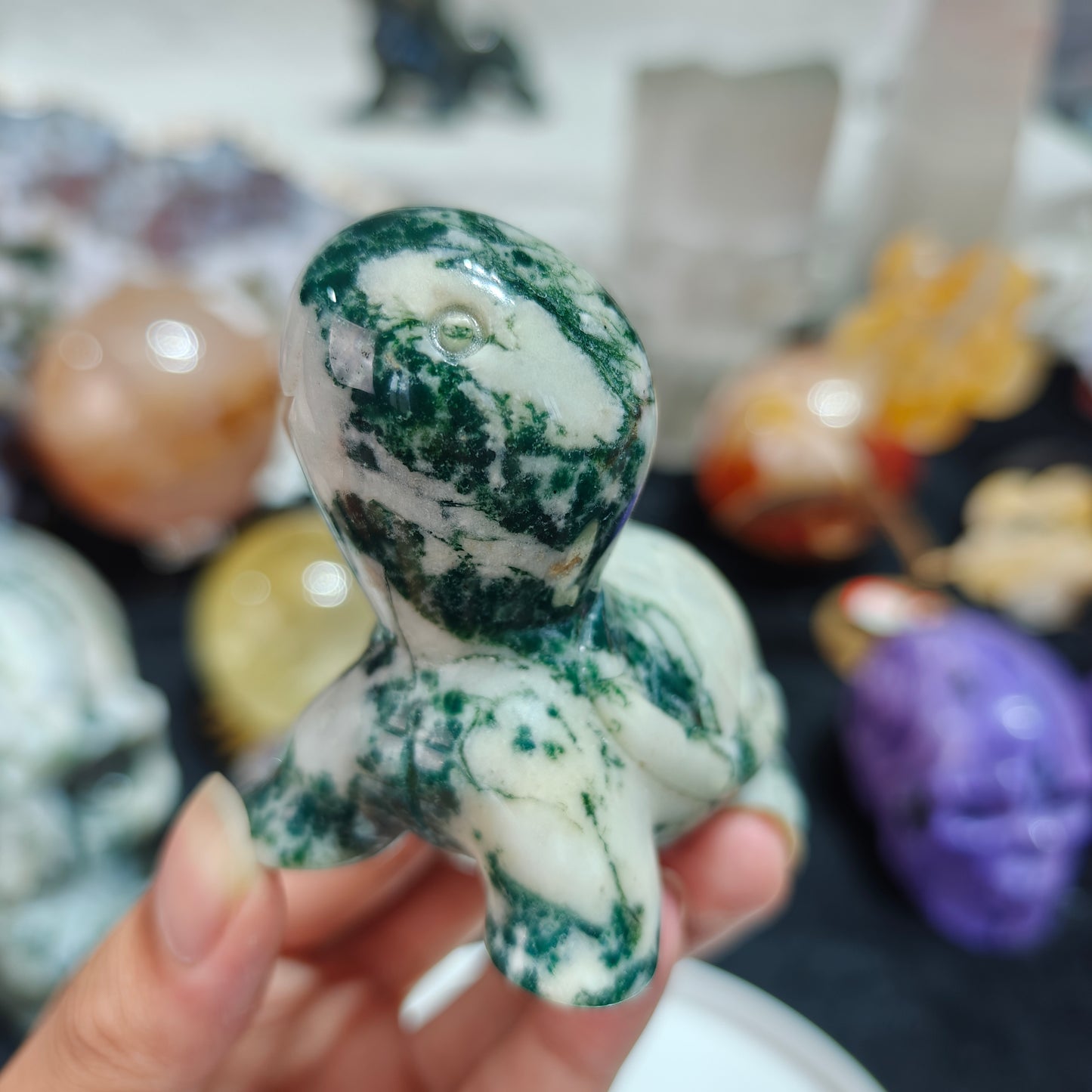 Hand Carved Moss Agate Turtle For Decoration And Gift