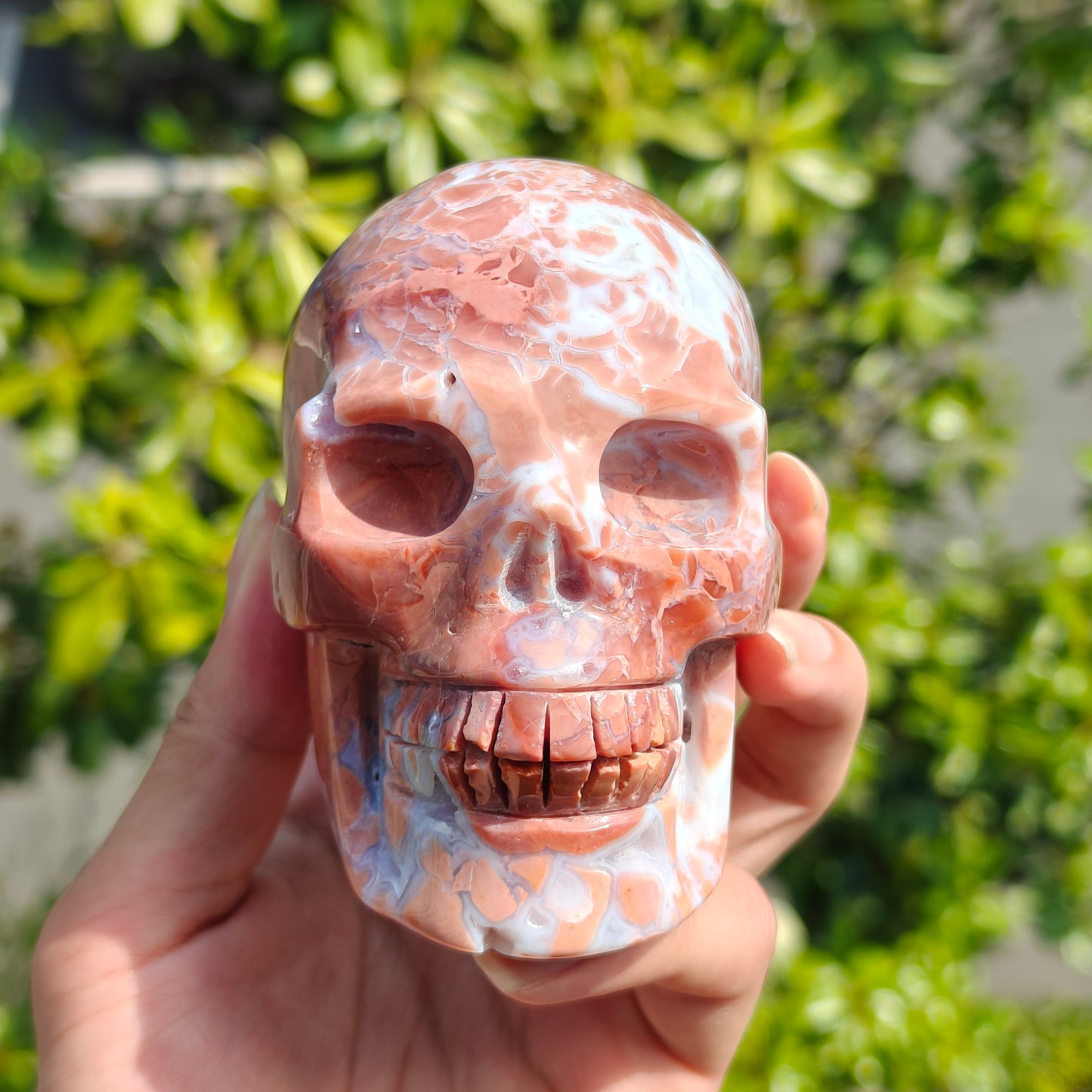 Hand Carved Petal Agate Skull For Decoration And Gift