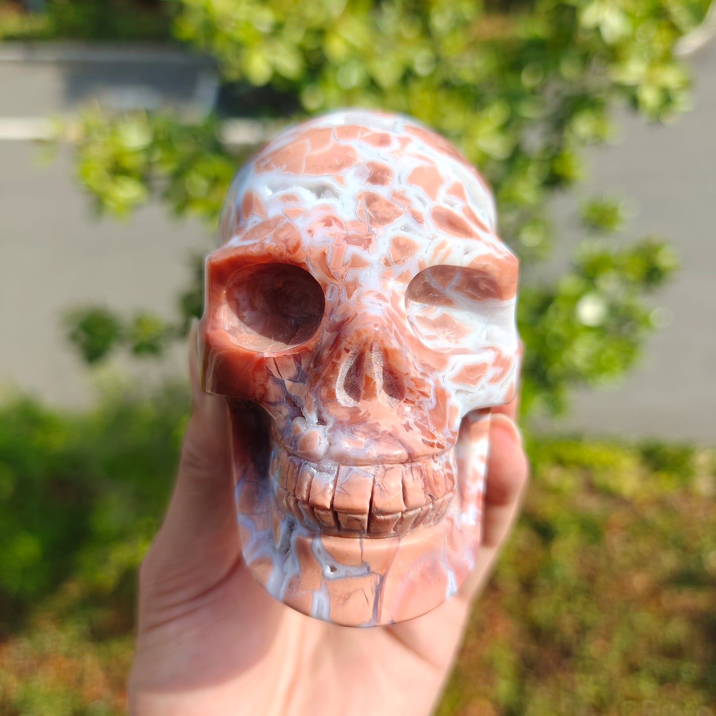 Hand Carved Petal Agate Skull For Decoration And Gift