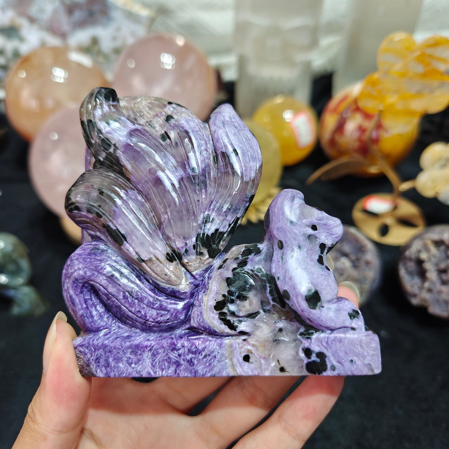 Hand Carved Charoite Nine-Tailed Fox For Decoration And Gift