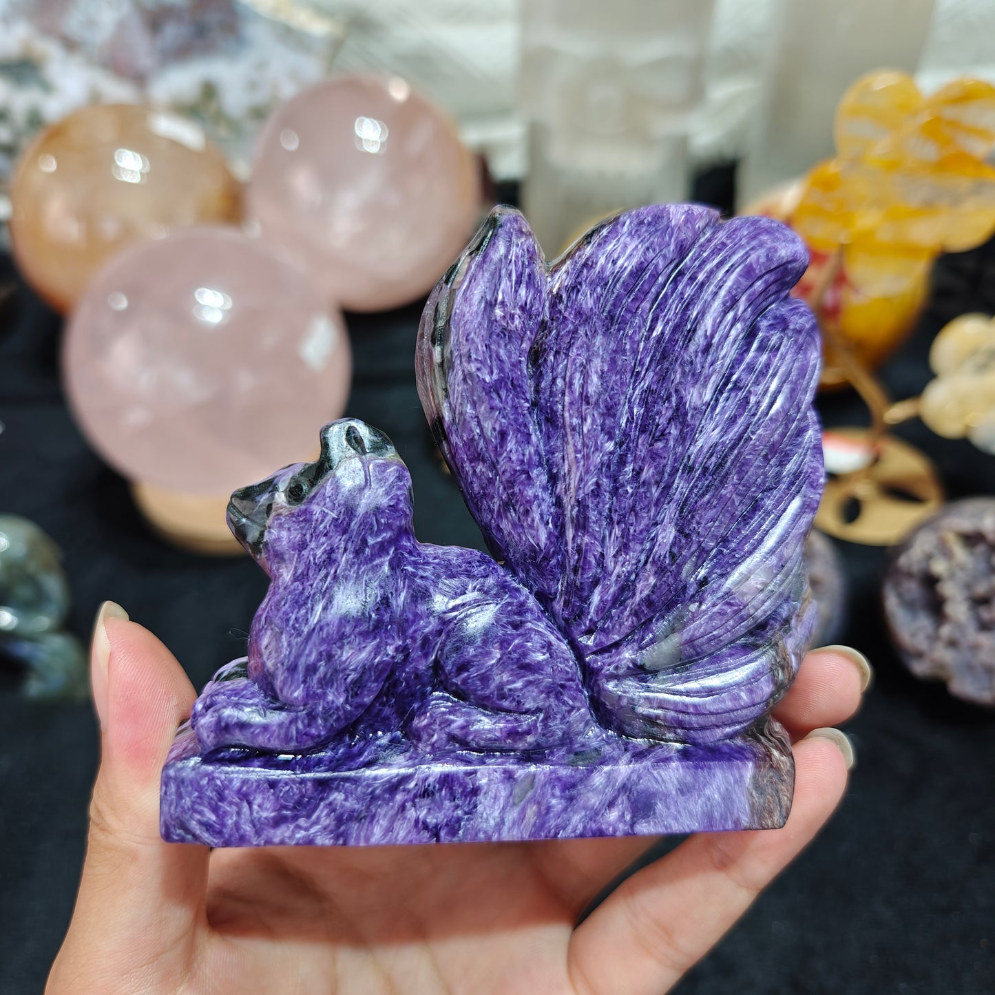 Hand Carved Charoite Nine-Tailed Fox For Decoration And Gift