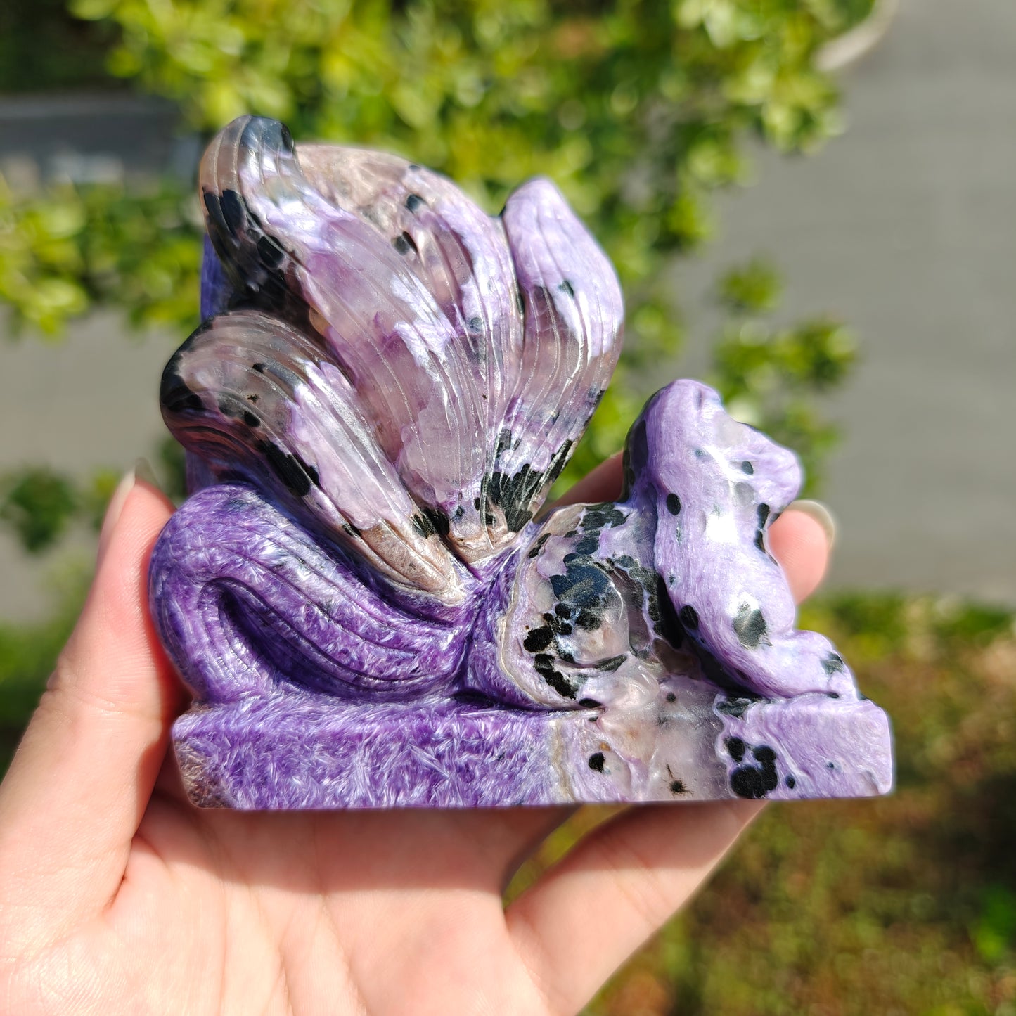 Hand Carved Charoite Nine-Tailed Fox For Decoration And Gift