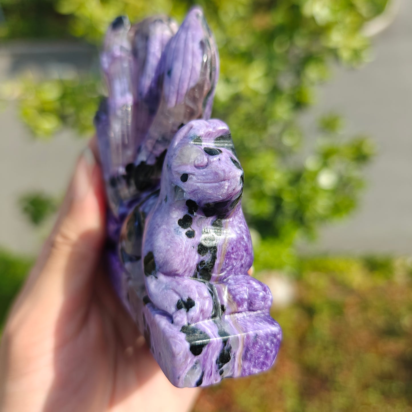 Hand Carved Charoite Nine-Tailed Fox For Decoration And Gift