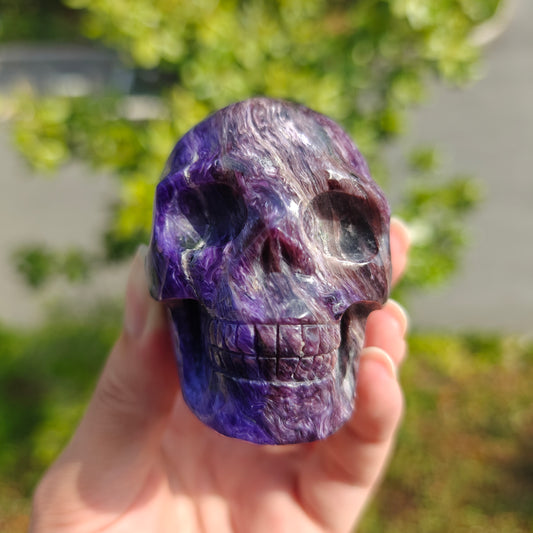 Hand Carved Charoite Skull For Decoration And Gift