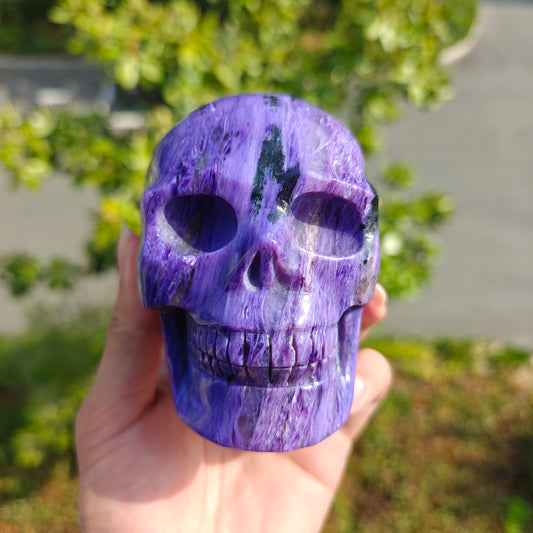 Hand Carved Charoite Skull For Decoration And Gift