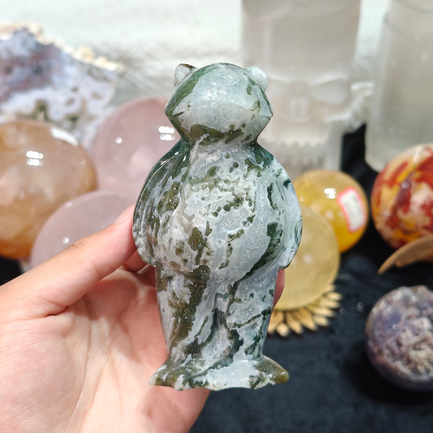 Hand Carved Moss Agate Frog Man For Decoration And Gift