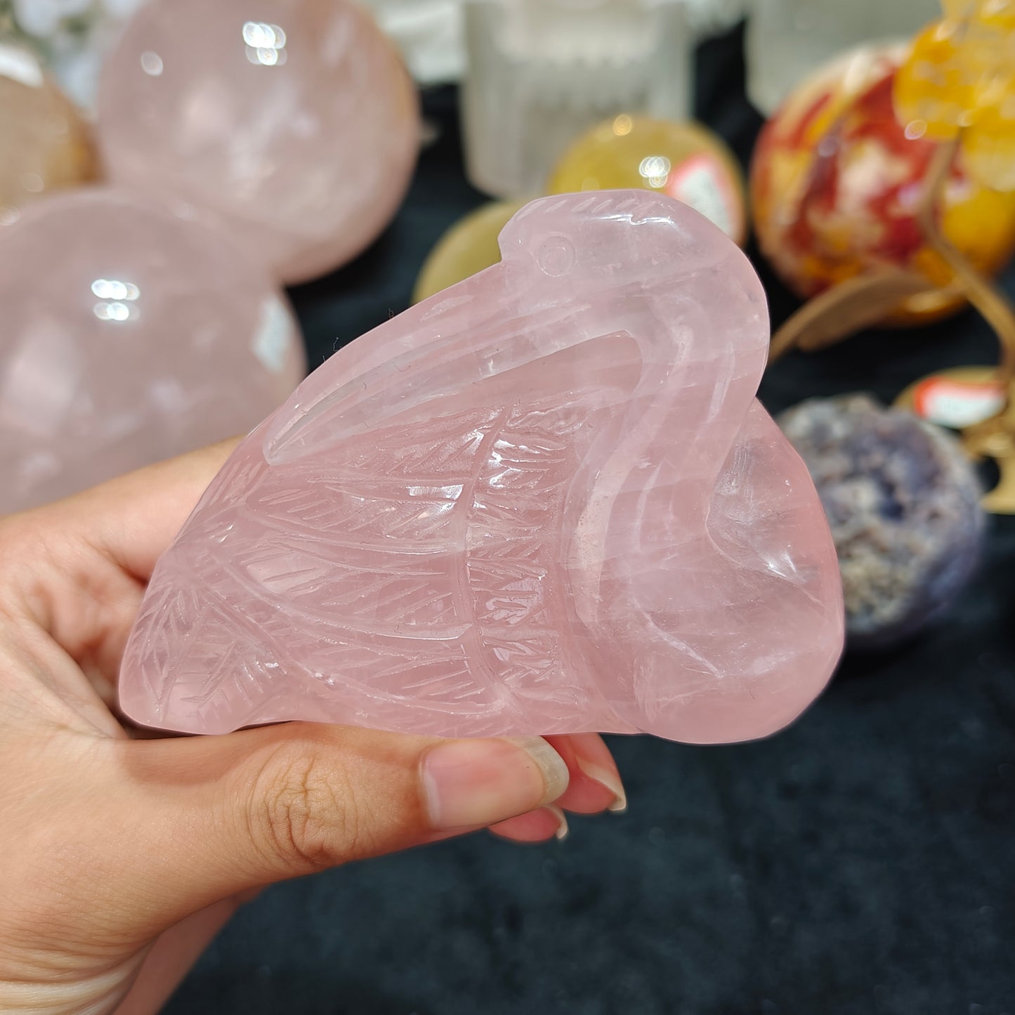 Hand Carved Rose Quartz Crane For Decoration And Gift