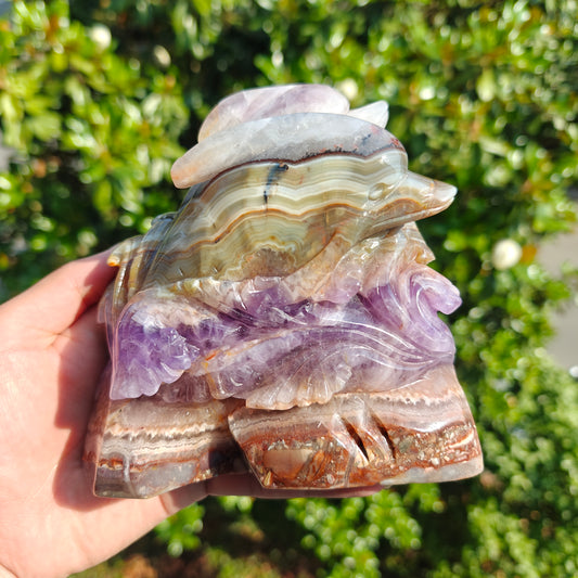 Hand Carved Amethyst With Agate Dophine Carving For Decoration And Gift