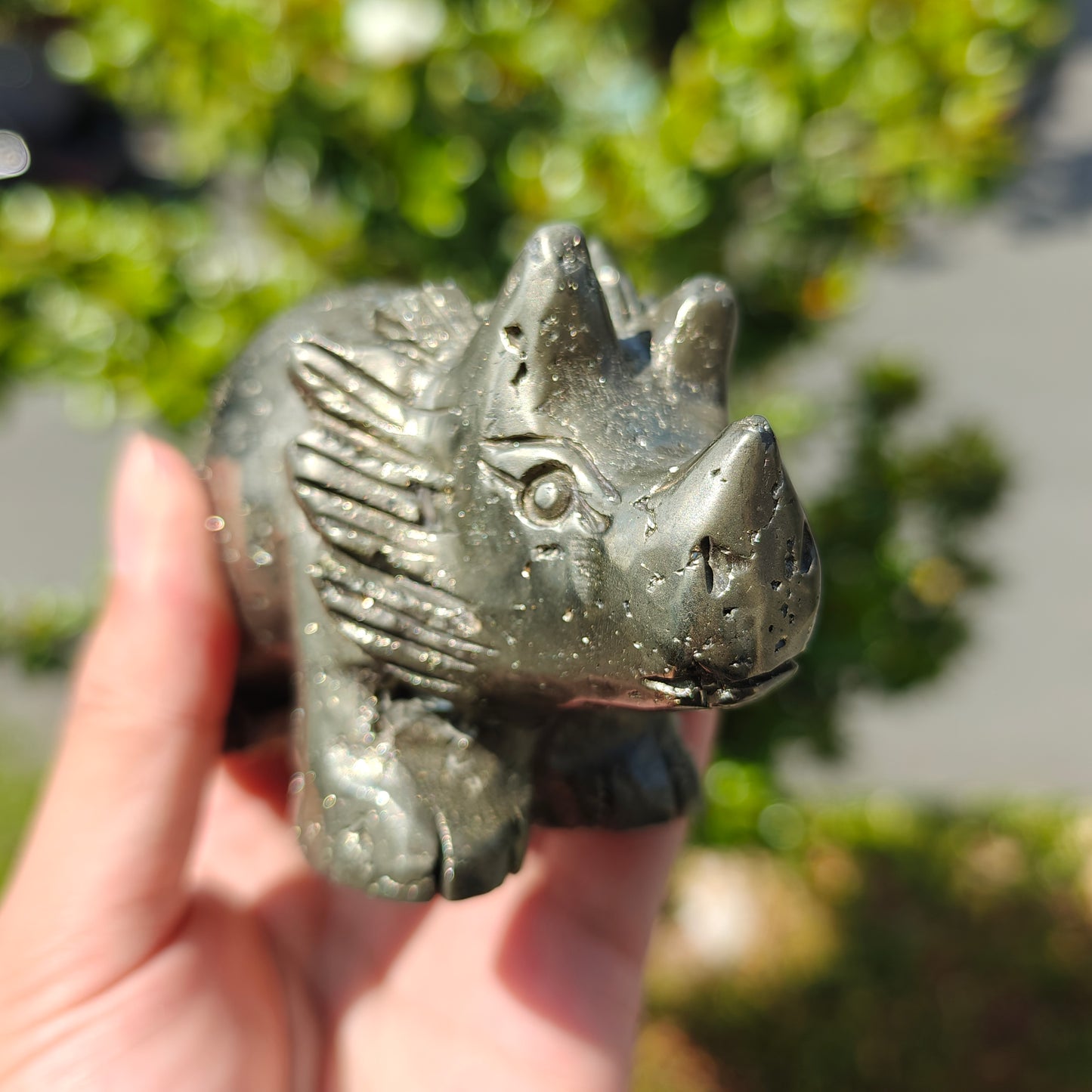 Hand Carved Pyrite Triceratop For Decoration And Gift