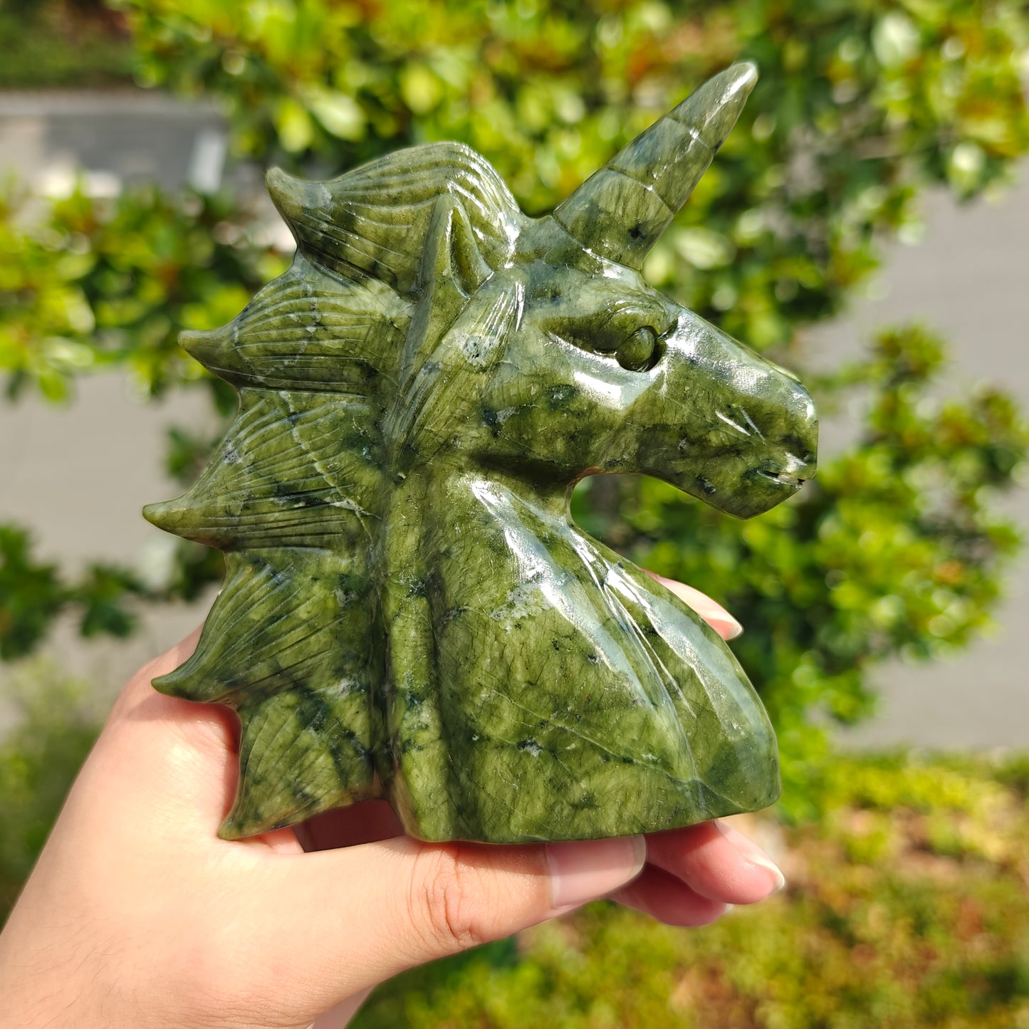 Hand Carved Xiuyan Jade Unicon Head For Decoration And Gift