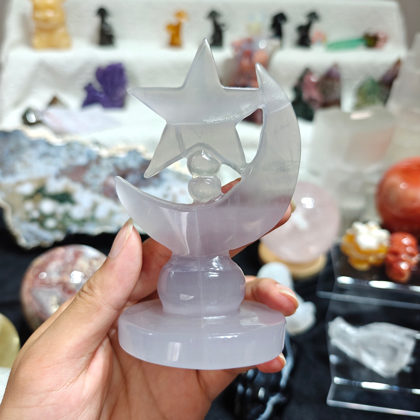 Hand Carved Light Fluorite Moon And Star For Decoration And Gift