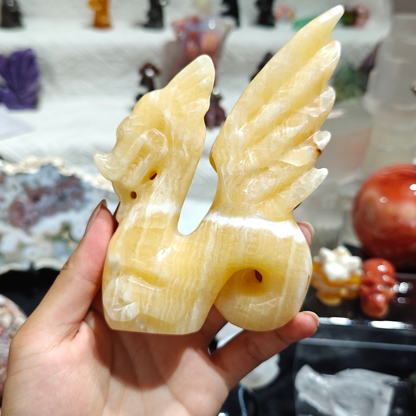 Hand Carved Orange Calcite Fly Dragon For Decoration And Gift