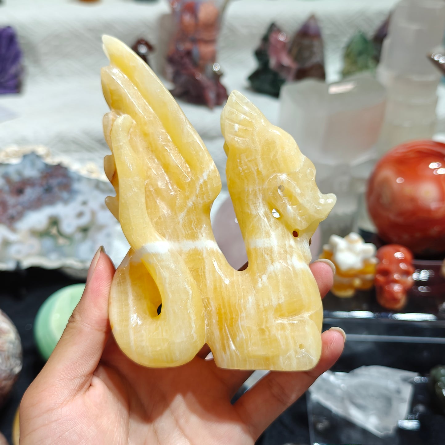 Hand Carved Orange Calcite Fly Dragon For Decoration And Gift