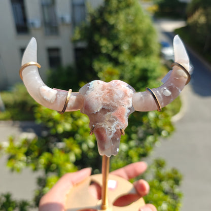 Hand Carved Flower Agate Bull Head For Decoration And Gift