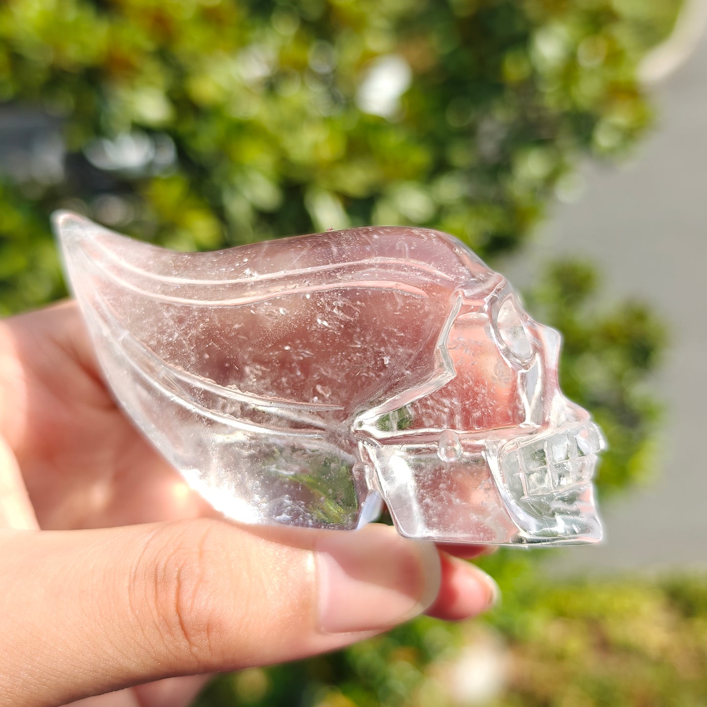 Hand Carved Clear Quartz Long Hair Skull For Decoration And Gift