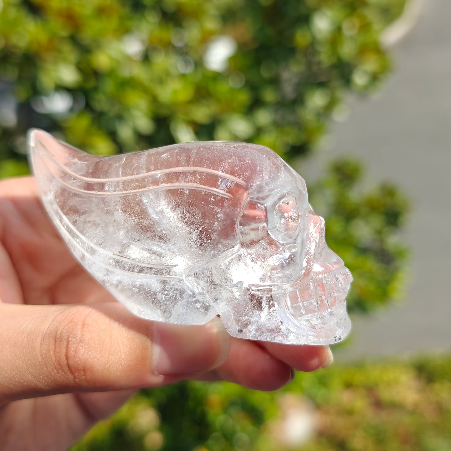 Hand Carved Clear Quartz Long Hair Skull For Decoration And Gift