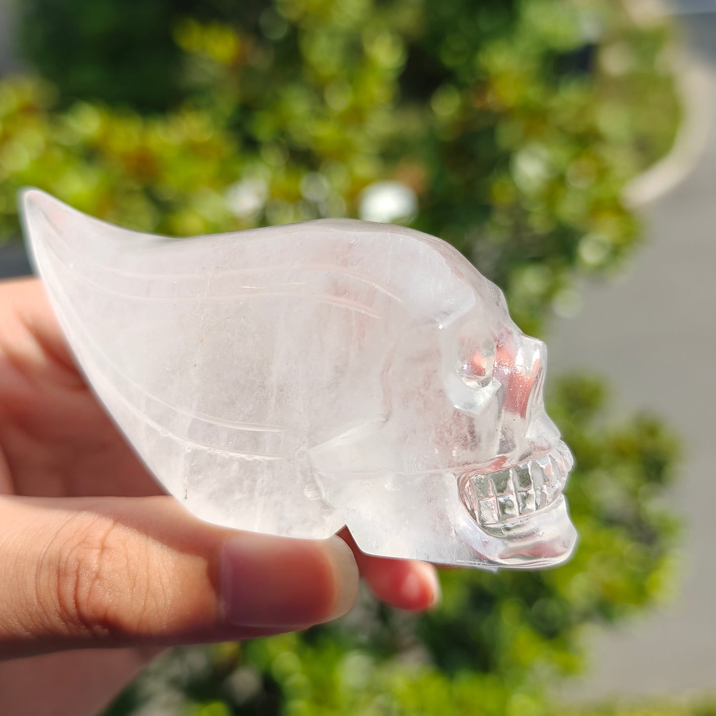 Hand Carved Clear Quartz Long Hair Skull For Decoration And Gift