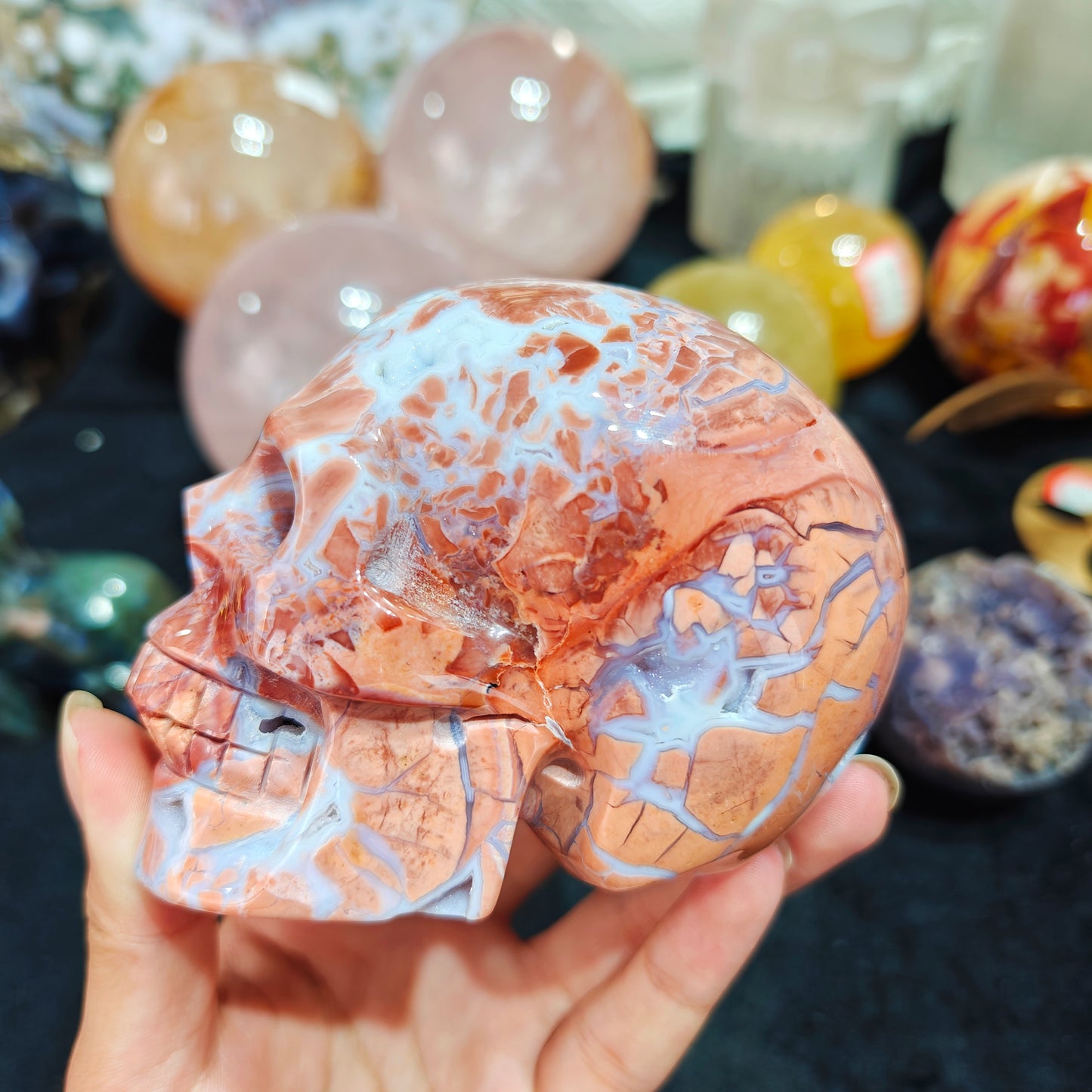 Hand Carved Petal Agate Skull For Decoration And Gift