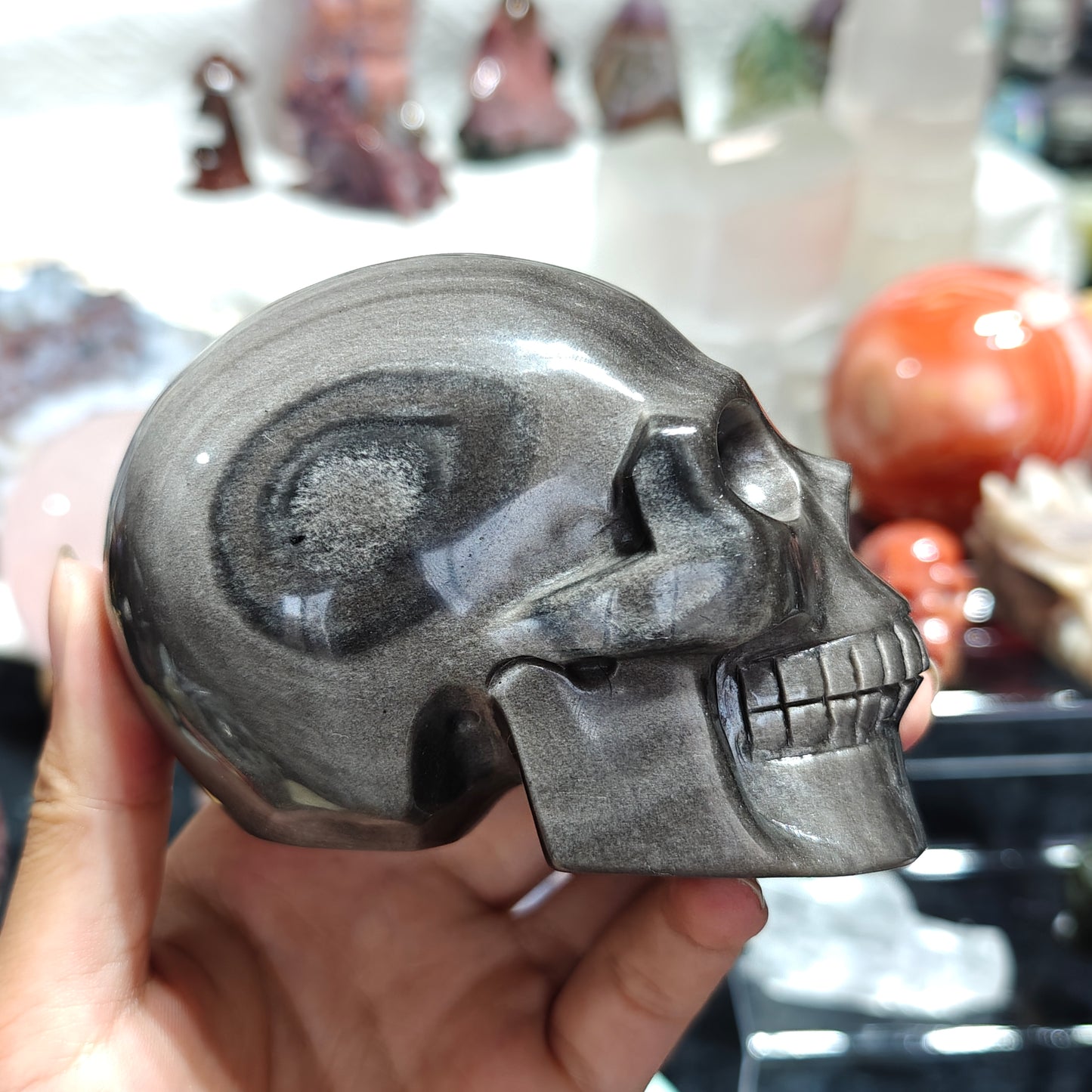 Hand Carved Sliver Obsidian Skull For Decoration And Gift