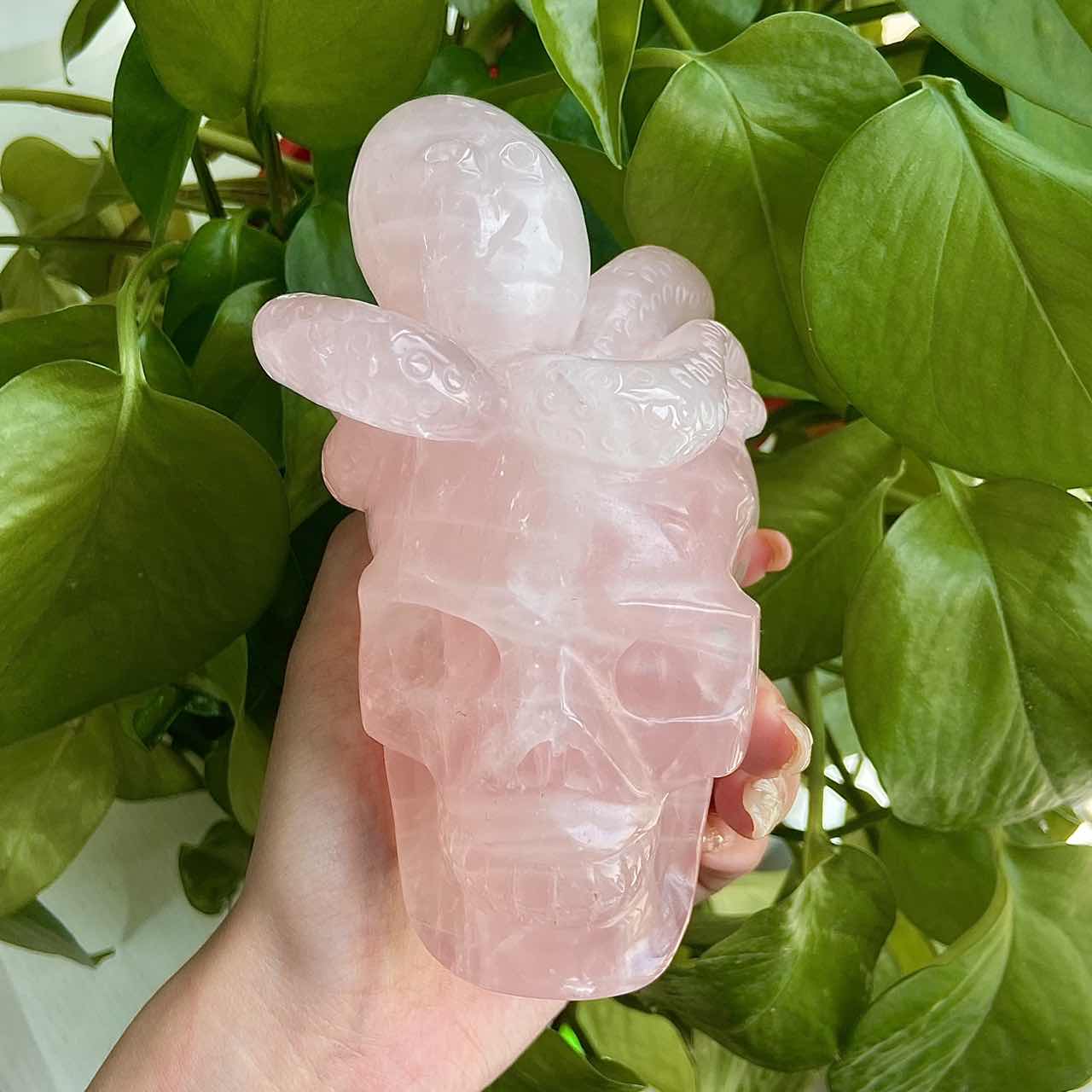 Hand-Carved Rose Quartz Skull With  Octopus Adult Skull Skull Model Halloween Decorations