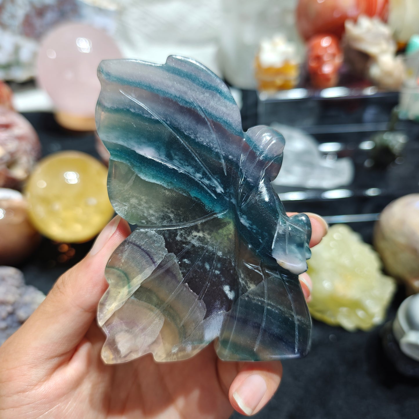 Hand Carved Rainbow Fluorite Flower Fairy For Decoration And Gift