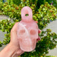 Hand Carved Rose Quartz Skull With Letter 'O' Adult Skull Model Halloween Decoration